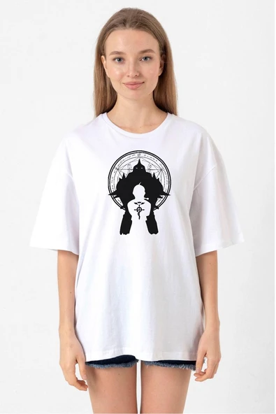 Fullmetal Alchemist Anime Logo Beyaz Kadın Oversize Tshirt ürün görseli 1