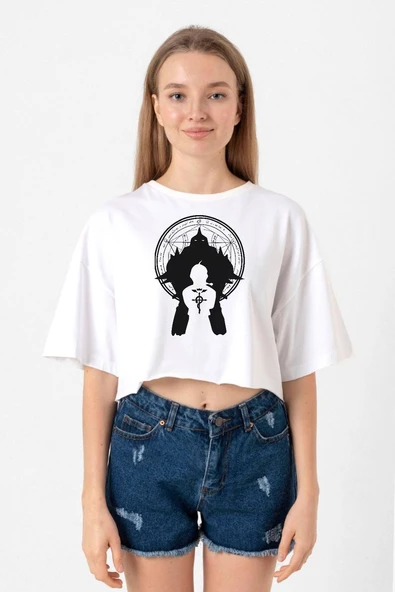 Fullmetal Alchemist Anime Logo Beyaz Kadın Crop Tshirt ürün görseli 1