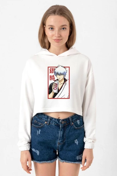 Gintama Anime Gintoki Fruit Juice Ekru Kadın Crop Kapşonlu ürün görseli 1