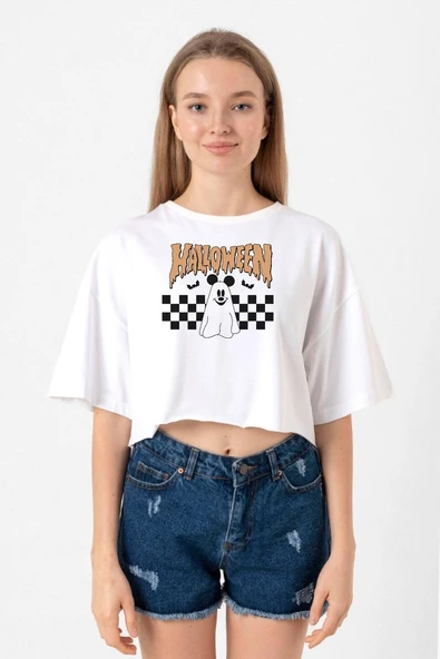 Halloween Mickey Ghost Beyaz Kadın Crop Tshirt ürün görseli 1