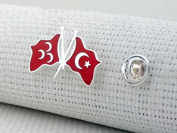 Türk Bayrağı ve Üç Hilal Tasarımlı 925 Ayar Gümüş Rozet Yaka İğnesi ürün görseli 1