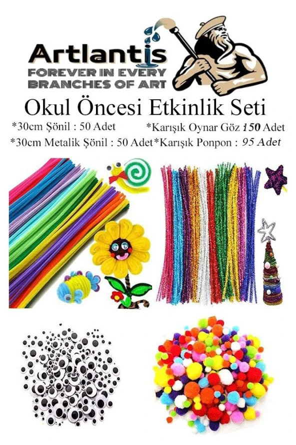 Okul Öncesi Etkinlik Seti 1 Paket Ponpon Şönil Oynar Göz Anaokulu ve Kreş Seti Pon Pon Tüylü Tel Oynargöz ürün görseli 1