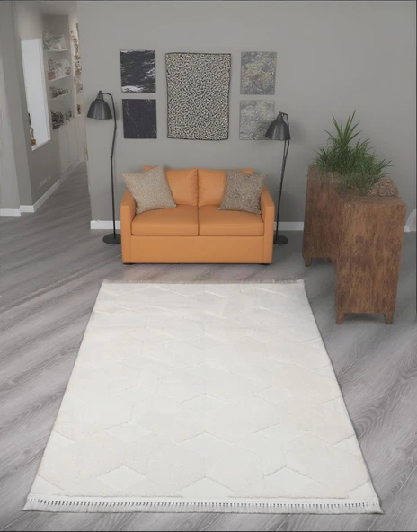 Lara Bukleli Desenli Yumuşacık Peluş Halı Salon Oturma Odası Mutfak Koridor Halısı 9400A Krem ürün görseli 1