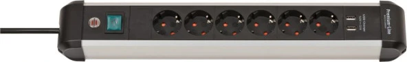 Brennenstuhl Premium-Alu-Line 6 Soketli 2 Adet 3.1 Hızlı Şarj USB' li Uzatma Priz Anahtarlı 3 Metre ürün görseli 1