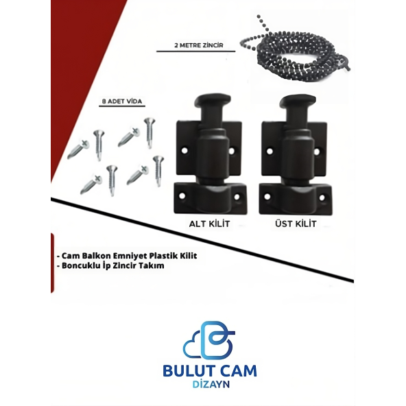 BULUT DİZAYN - Cam Balkon Emniyet Plastik Kilit - Boncuklu İp Zincir Takım Seti (SİYAH) ürün görseli 1