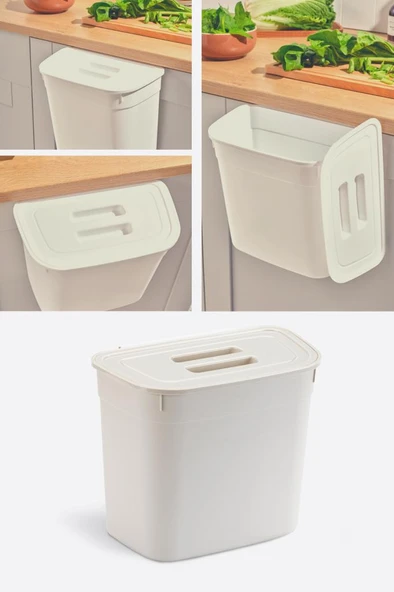 Flosoft Dolap İçi Kapaklı Asılabilir Çöp Kovası, Dolap Kapağı Askılı Çöp Kutusu Krem 7 litre ürün görseli 1