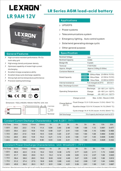 Lexron 12 volt 9 amper kuru tip akü - Resim 3