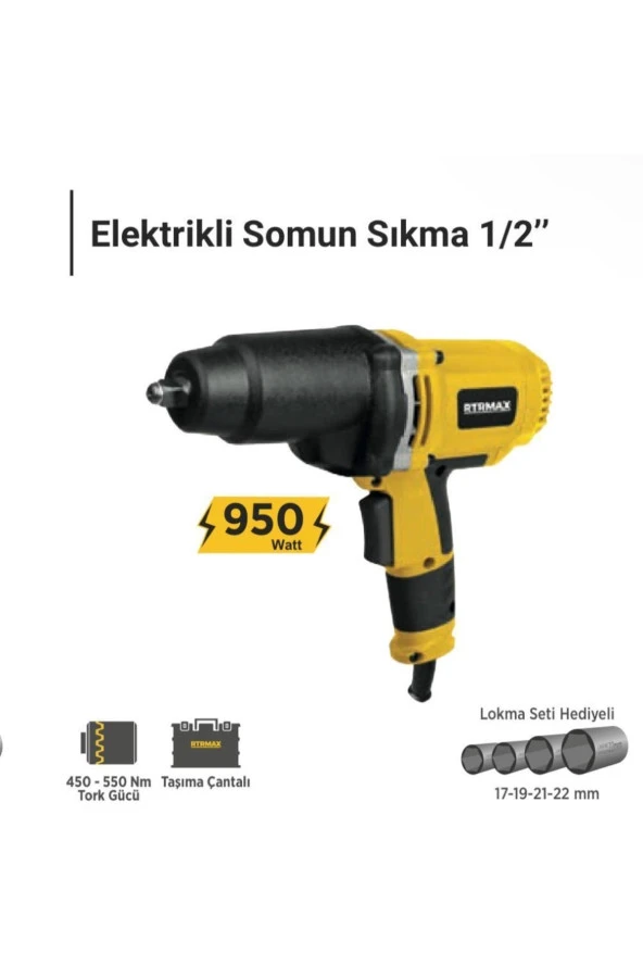 Rtrmax Rtm3090 Elektrikli Darbeli Somun Sıkma 1/2 İnch 950W 550Nm ürün görseli 1