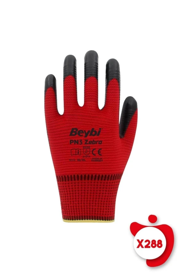 Beybi Pn3 Zebra Kırmızı Polyester Örme Nitril Iş Eldiveni 10 Beden 288 Çift ürün görseli 1