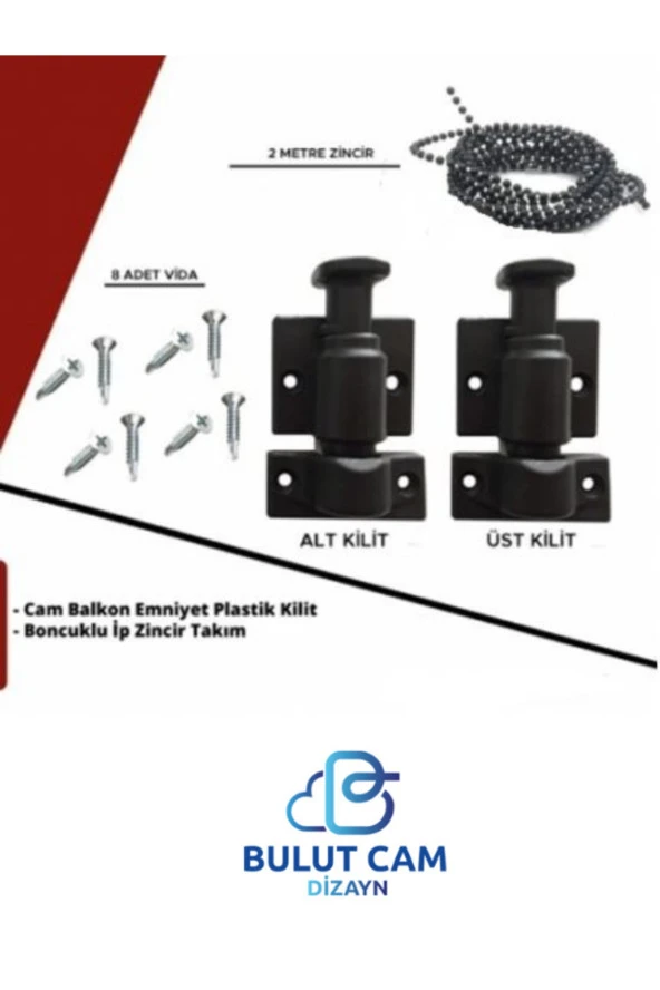 Bulut Dizayn - Cam Balkon Emniyet Plastik Kilit - Boncuklu Ip Zincir Takım Seti (SİYAH) ürün görseli 1