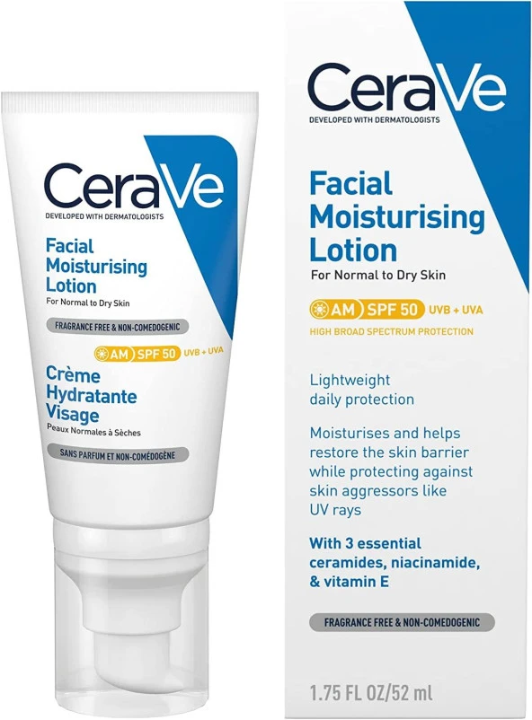 Cerave Yüz Nemlendirici Krem Normal ve Kuruya Dönük Ciltler İçin SPF50 52 ml ürün görseli 1