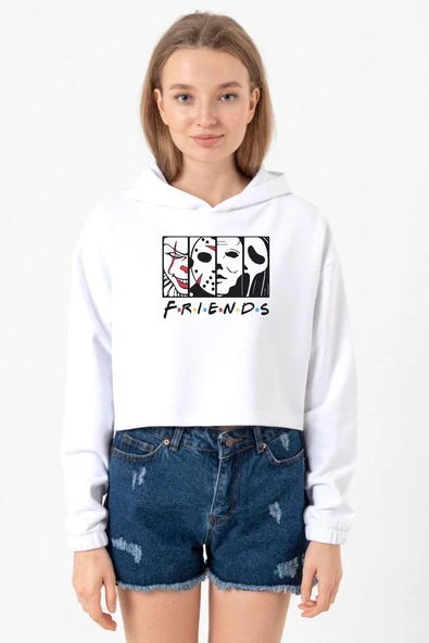 Horror Character Friends Beyaz Optik Kadın Crop Kapşonlu ürün görseli 1