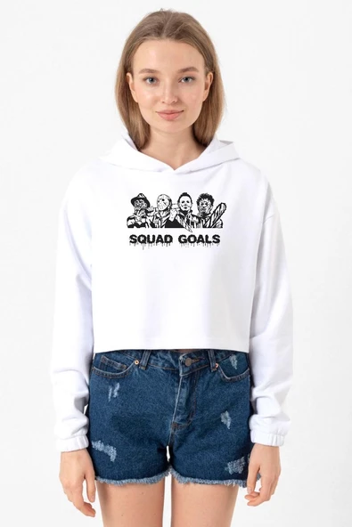 Horror Movie Squad Goals Beyaz Optik Kadın Crop Kapşonlu ürün görseli 1