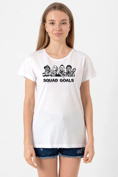 Horror Movie Squad Goals Beyaz Kadın Bisikletyaka Tshirt ürün görseli 1