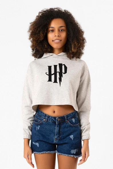 HP Logo Beyaz Kırçıllı Kadın Crop Kapşonlu ürün görseli 1