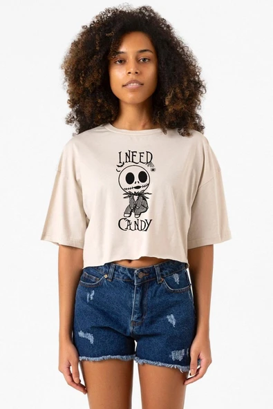 Jack Skellington I Need Candy Bej Kadın Crop Tshirt ürün görseli 1