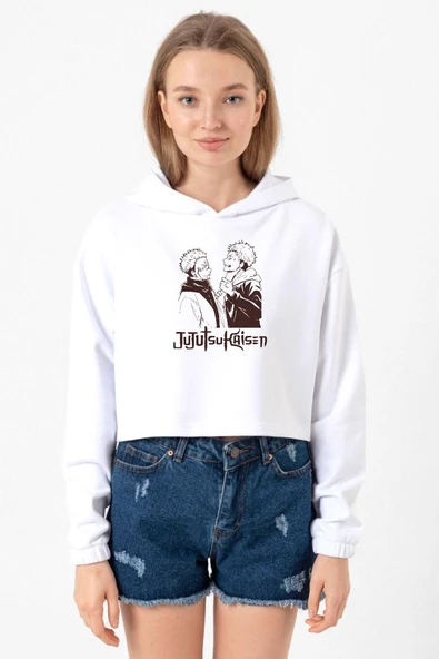Jujutsu Kaisen Anime Long Beyaz Optik Kadın Crop Kapşonlu ürün görseli 1