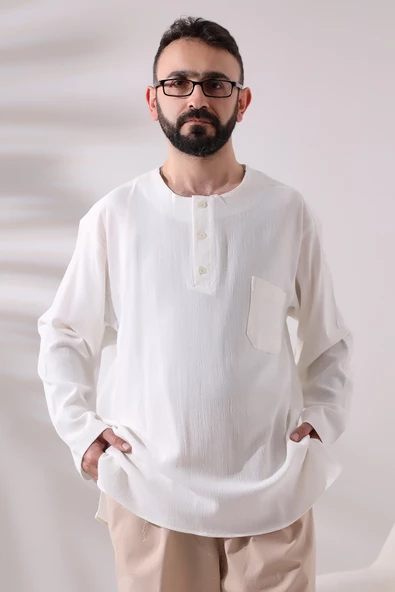 Krem Erkek Rahat Kesim 3 Düğmeli Sıfır Yaka Hac ve Umre Şile Bezi Gömlek ürün görseli 1