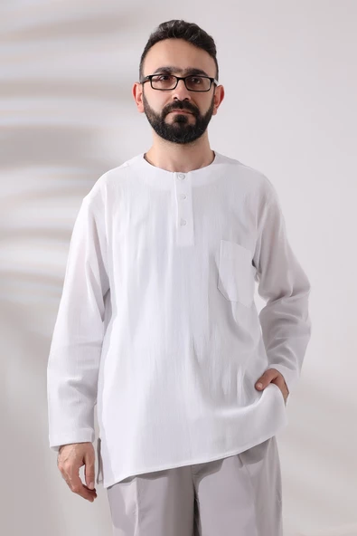 Beyaz Erkek Rahat Kesim 3 Düğmeli Sıfır Yaka Hac ve Umre Şile Bezi Gömlek ürün görseli 1