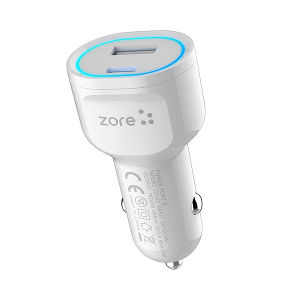 Zore CC-02 Hızlı Şarj Özellikli LED Işıklı QC 3.0 USB-A ve Type-C PD Araç Şarj Başlığı PD 20W ürün görseli 1