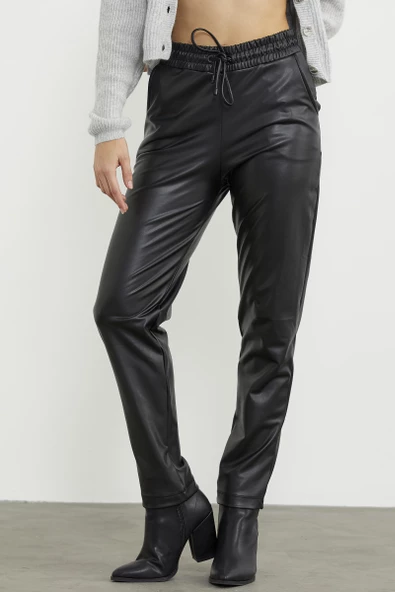 Suni Deri Beli Lastikli Pantolon - Siyah - Resim 5