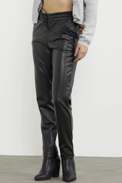 Suni Deri Beli Lastikli Pantolon - Siyah - Resim 4