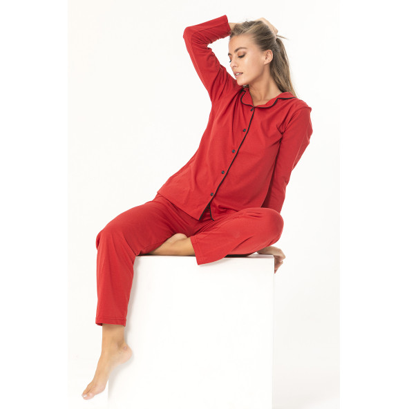 Sude Homewear KIRMIZI RENK DÜĞMELİ UZUN KOL GENÇ PİJAMA TAKIMI ürün görseli 1