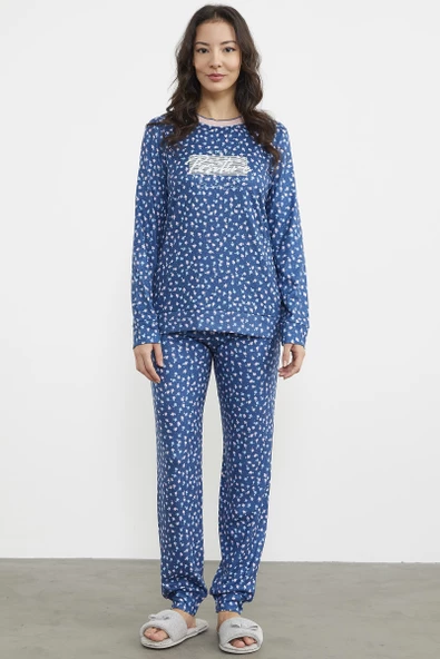 Çiçek Desen Renkli Pijama Takım - Lacivert ürün görseli 1