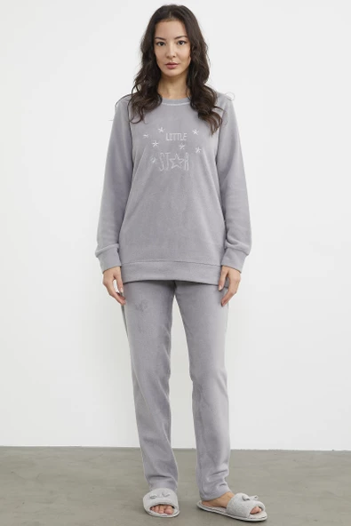 Nakış Detaylı Polar Pijama Takım - Gri ürün görseli 1