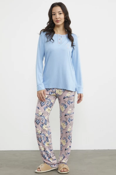 Düz Desenli Kombinli Pijama Takım - Mavi ürün görseli 1