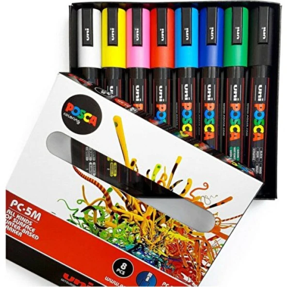 Uni Posca Pc-5m 1.8-2.5 Mm. Su Bazlı Boyama Markörü Seti Ana Renkler 8 Renk ürün görseli 1