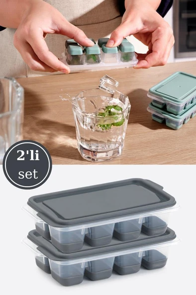 Flosoft 2’li Mini Silikon Tabanlı Kapaklı Bas Çıkar Buz Kalıbı, 8 Bölmeli Yapışmaz Buzluk 2 Adet Füme ürün görseli 1