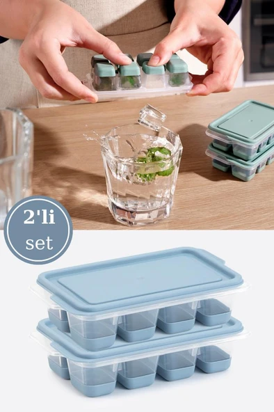 Flosoft 2’li Mini Silikon Tabanlı Kapaklı Bas Çıkar Buz Kalıbı, 8 Bölmeli Yapışmaz Buzluk 2 Adet Mavi ürün görseli 1