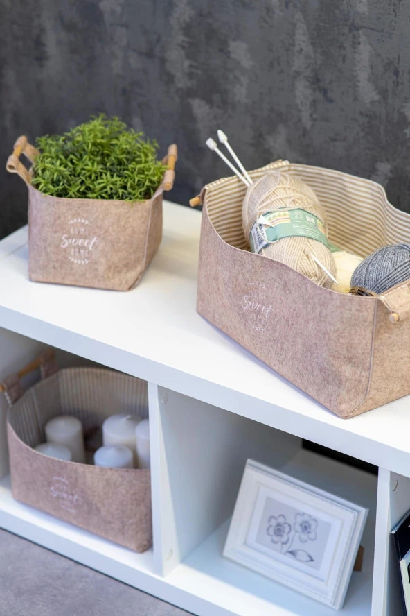 Keçe Tahta Saplı Düzenleyici Sepet - Çok Amaçlı Saklama Kutu Maxi Kahve 25x18x15Cm-103709-KASA-238 ürün görseli 1