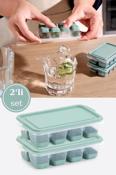 Flosoft 2’li Mini Silikon Tabanlı Kapaklı Bas Çıkar Buz Kalıbı, 8 Bölmeli Yapışmaz Buzluk 2 Adet Yeşil ürün görseli 1