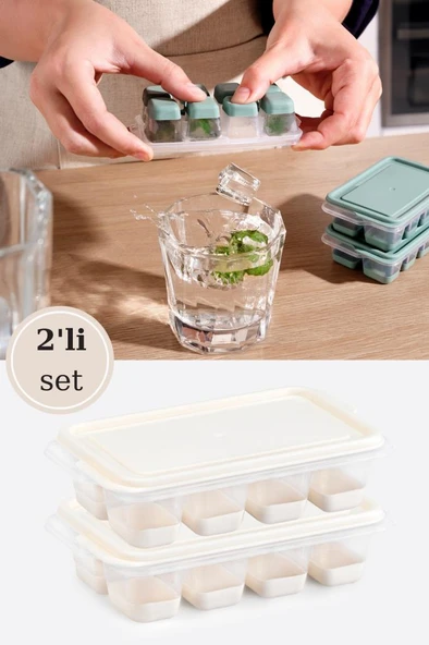 Flosoft 2’li Mini Silikon Tabanlı Kapaklı Bas Çıkar Buz Kalıbı, 8 Bölmeli Yapışmaz Buzluk 2 Adet Krem ürün görseli 1
