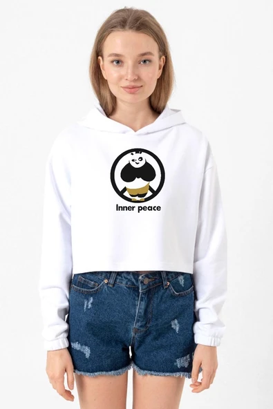 Kung Fu Panda Inner Peace Beyaz Optik Kadın Crop Kapşonlu ürün görseli 1