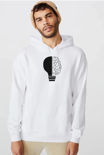 Lightbulb & Brain Beyaz Erkek 3ip Kapşonlu  Sweatshirt ürün görseli 1