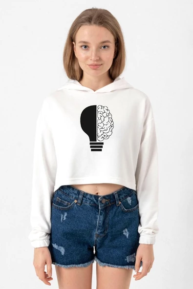Lightbulb & Brain Ekru Kadın Crop Kapşonlu ürün görseli 1