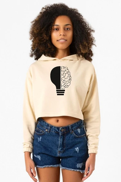 Lightbulb & Brain Bej Kadın Crop Kapşonlu ürün görseli 1