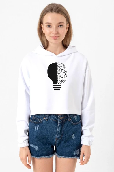 Lightbulb & Brain Beyaz Optik Kadın Crop Kapşonlu ürün görseli 1