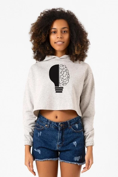 Lightbulb & Brain Beyaz Kırçıllı Kadın Crop Kapşonlu ürün görseli 1