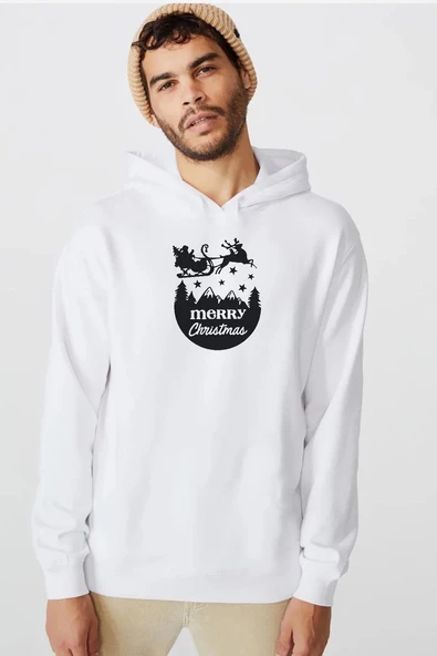 Merry Christmas Sleigh Beyaz Erkek 3ip Kapşonlu  Sweatshirt ürün görseli 1