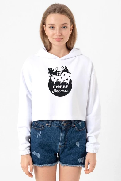 Merry Christmas Sleigh Beyaz Optik Kadın Crop Kapşonlu ürün görseli 1