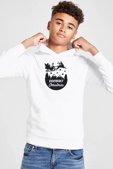 Merry Christmas Sleigh Beyaz Çocuk 3ip Kapşonlu  Sweatshirt ürün görseli 1