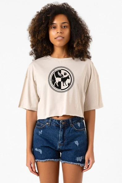 Monogatari Anime Tsubasa Cat Symbol Bej Kadın Crop Tshirt ürün görseli 1