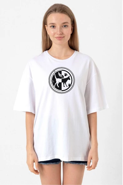 Monogatari Anime Tsubasa Cat Symbol Beyaz Kadın Oversize Tshirt ürün görseli 1