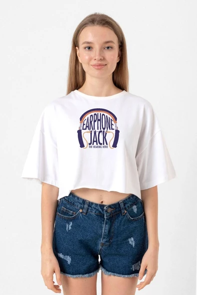 My Hero Academi Anime Earphone Jack Beyaz Kadın Crop Tshirt ürün görseli 1