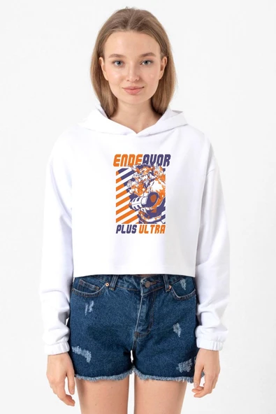 My Hero Academi Anime Endeavor Plus Ultra Beyaz Optik Kadın Crop Kapşonlu ürün görseli 1