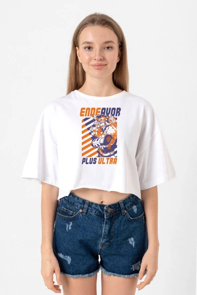 My Hero Academi Anime Endeavor Plus Ultra Beyaz Kadın Crop Tshirt ürün görseli 1
